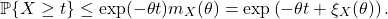 \begin{equation*} \mathbb{P} \{ X \ge t \} \le\exp(-\theta t) m_X(\theta) = \exp\left(-\theta t + \xi_X(\theta) \right). \end{equation*}