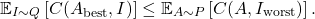 \begin{equation*} \mathbb{E}_{I\sim Q} \left[ C(A_{\rm best},I) \right] \le \mathbb{E}_{A\sim P} \left[ C(A,I_{\rm worst}) \right]. \end{equation*}