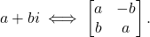 \[a + bi \iff \twobytwo{a}{-b}{b}{a}.\]