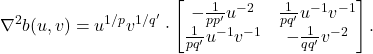 \[\nabla^2 b(u,v) = u^{1/p}v^{1/q'}\cdot\begin{bmatrix} - \frac{1}{pp'} u^{-2} & \frac{1}{pq'} u^{-1}v^{-1} \\ \frac{1}{pq'} u^{-1}v^{-1} & - \frac{1}{qq'} v^{-2}\end{bmatrix}.\]