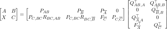 \begin{equation*} \begin{bmatrix} A & B \\ X & C \end{bmatrix} = \begin{bmatrix} P_{AB} & P_{\overline{B}} & P_{\overline{A} & 0 \\ P_{C,BC}R_{BC,AB} & P_{C,BC} R_{BC,\overline{B}} & F_{\overline{C}} & P_{C,\overline{C}} \end{bmatrix} \begin{bmatrix} Q_{AB,A}^\top & Q_{AB,B}^\top \\ 0 & Q_{\overline{B},B}^\top \\ Q_{\overline{A},A}^\top & 0\\ F_{\overline{A}}^\top & Q_{\overline{C}}^\top \end{bmatrix} \end{equation*}