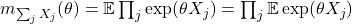 m_{\sum_j X_j}(\theta) = \mathbb{E} \prod_j \exp(\theta X_j) = \prod_j \mathbb{E} \exp(\theta X_j)