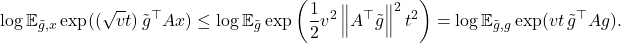 \[\log \mathbb{E}_{\tilde{g},x} \exp((\sqrt{v} t) \, \tilde{g}^\top Ax) \le \log \mathbb{E}_{\tilde{g}} \exp \left(\frac{1}{2} v^2 \left\|A^\top \tilde{g}\right\|^2t^2\right) = \log \mathbb{E}_{\tilde{g},g} \exp(v t \, \tilde{g}^\top Ag). \]