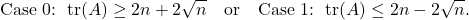 \[\text{Case 0: } \tr(A)\ge 2n + 2\sqrt{n} \quad \text{or} \quad \text{Case 1: } \tr(A) \le 2n-2\sqrt{n}. \]