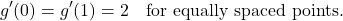 \begin{equation*}g'(0) = g'(1) = 2 \quad \text{for equally spaced points}.\end{equation*}