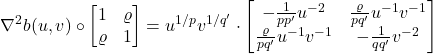 \[\nabla^2 b(u,v)\circ \twobytwo{1}{\varrho}{\varrho}{1}= u^{1/p}v^{1/q'}\cdot\begin{bmatrix} - \frac{1}{pp'} u^{-2} & \frac{\varrho}{pq'} u^{-1}v^{-1} \\ \frac{\varrho}{pq'} u^{-1}v^{-1} & - \frac{1}{qq'} v^{-2}\end{bmatrix}\]