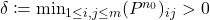 \delta \coloneqq \min_{1\le i,j\le m} (P^{n_0})_{ij} > 0