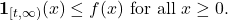 \begin{equation*} \mathbf{1}_{[t,\infty)}(x) \le f(x) \mbox{ for all } x\ge 0. \end{equation*}