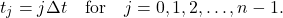 \[t_j = j\Delta t \quad \textnormal{for} \quad j = 0,1,2,\ldots,n-1.\]