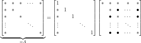 \begin{equation*} \underbrace{\begin{bmatrix} * & * & * & \cdots & * \\ * & * & & & \\ * & & * & & \\ \vdots & & & \ddots & \\ * & & &  & * \end{bmatrix}}_{=A} = \begin{bmatrix} 1 & & & & \\ * & 1& & &  \\ * & & 1 & & \\  \vdots & & & \ddots & \\ * & & & & 1 \end{bmatrix} \begin{bmatrix} * & * & * & * & * \\ & * & \bullet & \cdots & \bullet \\ & \bullet & * & \cdots & \bullet \\ & \vdots & \vdots & \ddots & \vdots \\ & \bullet & \bullet &  \cdots & * \end{bmatrix} \end{equation*}