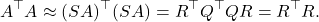 \[A^\top A \approx (SA)^\top (SA) = R^\top Q^\top Q R = R^\top R.\]