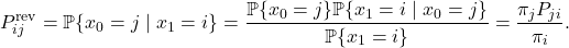 \[P^{\rm rev}_{ij} = \mathbb{P} \{ x_0 = j \mid x_1 = i \} = \frac{\mathbb{P} \{x_0 = j\} \mathbb{P} \{x_1 = i \mid x_0 = j\}}{\mathbb{P} \{x_1 = i\}} = \frac{ \pi_j P_{ji}}{\pi_i}. \]