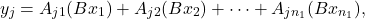 \begin{equation*} y_j = A_{j1} (Bx_1) + A_{j2} (Bx_2) + \cdots + A_{jn_1} (Bx_{n_1}), \end{equation*}