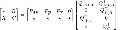 \begin{equation*} \begin{bmatrix} A & B \\ X & C \end{bmatrix} = \begin{bmatrix} P_{AB} & P_{\overline{B}} & P_{\overline{A} & 0 \\ \star & \star & \star & \star \end{bmatrix} \begin{bmatrix} Q_{AB,A}^\top & Q_{AB,B}^\top \\ 0 & Q_{\overline{B},B}^\top \\ Q_{\overline{A},A}^\top & 0\\ \star & Q_{\overline{C}}^\top \end{bmatrix}. \end{equation*}