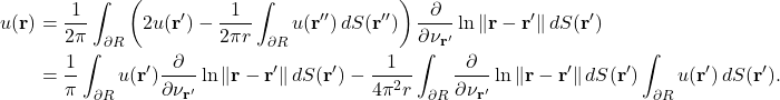 \begin{align*} u(\mathbf{r}) &= \frac{1}{2\pi} \int_{\partial R} \left( 2u(\mathbf{r}') - \frac{1}{2\pi r} \int_{\partial R} u(\mathbf{r}'') \, dS(\mathbf{r}'') \right) \frac{\partial}{\partial \nu_{\mathbf{r}'}} \ln \|\mathbf{r}-\mathbf{r}'\| \, dS(\mathbf{r}') \\ &= \frac{1}{\pi} \int_{\partial R} u(\mathbf{r}')\frac{\partial}{\partial \nu_{\mathbf{r}'}} \ln \|\mathbf{r}-\mathbf{r}'\| \, dS(\mathbf{r}') - \frac{1}{4\pi^2 r} \int_{\partial R} \frac{\partial}{\partial \nu_{\mathbf{r}'}} \ln\|\mathbf{r}-\mathbf{r}'\|  \, dS(\mathbf{r}')\int_{\partial R} u(\mathbf{r}') \, dS(\mathbf{r}'). \end{align*}