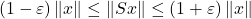 \[(1-\varepsilon) \norm{x}\le\norm{Sx}\le(1+\varepsilon)\norm{x} \]