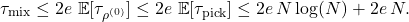 \[\tau_{\rm mix} \le 2e \, \expect[\tau_{\rho^{(0)}}] \le 2e \, \expect[\tau_{\rm pick}] \le 2e \, N \log(N) + 2e \, N.\]