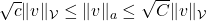 \sqrt{c}\|v\|_{\mathcal{V}} \le \|v\|_a \le \sqrt{C} \|v\|_{\mathcal{V}}